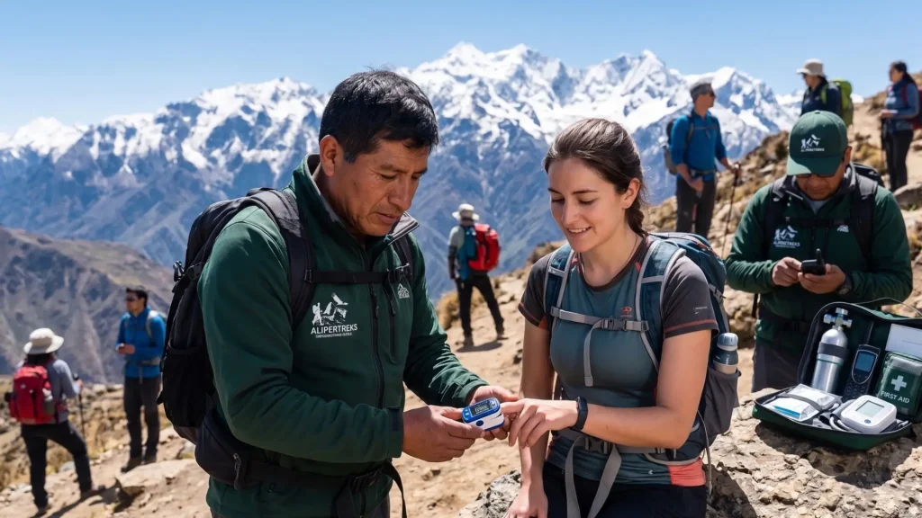 An Ali Perú Treks guide monitors a hiker's oxygen saturation on the trail for safety.