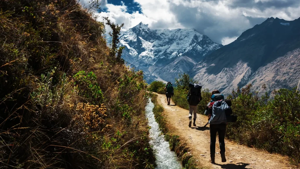 Hiking route in the Andes Mountains, possibly the Salkantay Trek to Machu Picchu