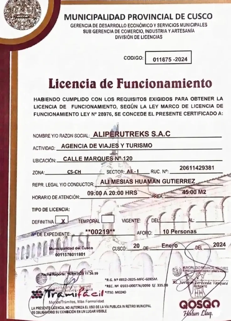 Licencia De Funcionamiento De Aliperutreks Licensed tour operator in Peru