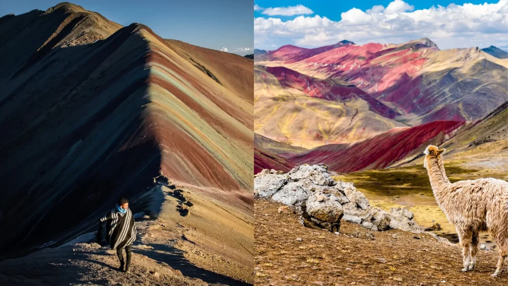 Vinicunca ridge trail and panoramic view with llama