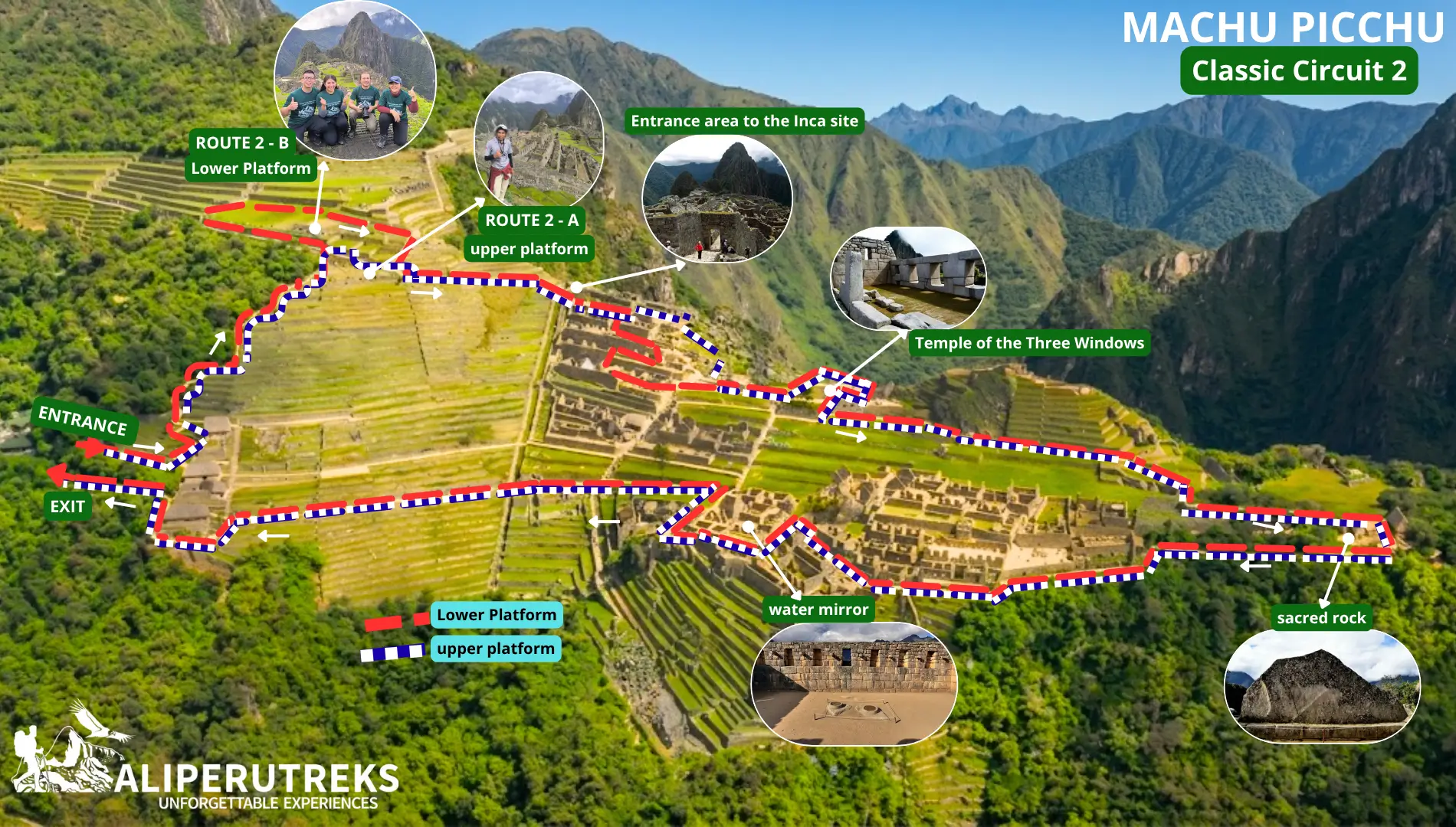 Detailed map of the new Machu Picchu Circuit 2 classic route, featuring the upper and lower platform viewpoints. Detailed map of the new Machu Picchu Circuit 2 classic route, featuring the upper and lower platform viewpoints.